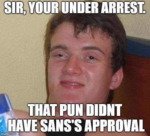 10 Guy Meme | SIR, YOUR UNDER ARREST. THAT PUN DIDNT HAVE SANS'S APPROVAL | image tagged in memes,10 guy | made w/ Imgflip meme maker