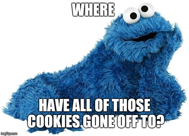 Cookie Monster | WHERE; HAVE ALL OF THOSE COOKIES GONE OFF TO? | image tagged in cookie monster | made w/ Imgflip meme maker