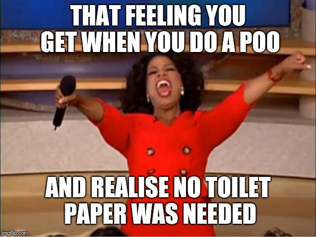 Oprah You Get A Meme | THAT FEELING YOU GET WHEN YOU DO A POO; AND REALISE NO TOILET PAPER WAS NEEDED | image tagged in memes,oprah you get a | made w/ Imgflip meme maker