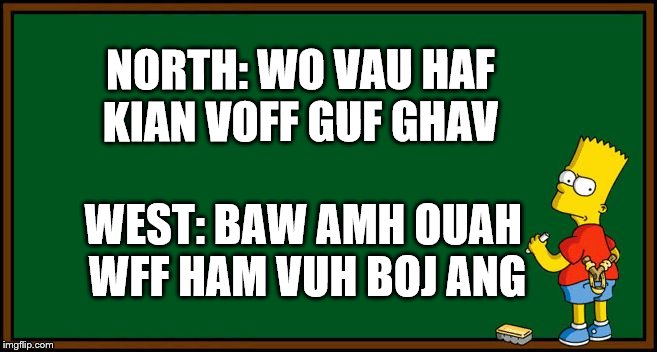 Bart Simpson - chalkboard | NORTH: WO VAU HAF KIAN VOFF GUF GHAV; WEST: BAW AMH OUAH WFF HAM VUH BOJ ANG | image tagged in bart simpson - chalkboard | made w/ Imgflip meme maker