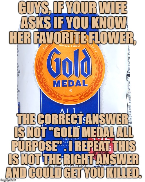  GUYS, IF YOUR WIFE ASKS IF YOU KNOW HER FAVORITE FLOWER, THE CORRECT ANSWER IS NOT "GOLD MEDAL ALL PURPOSE" . I REPEAT THIS IS NOT THE RIGHT ANSWER AND COULD GET YOU KILLED. | image tagged in flour,husband wife,funny,memes,funny memes | made w/ Imgflip meme maker