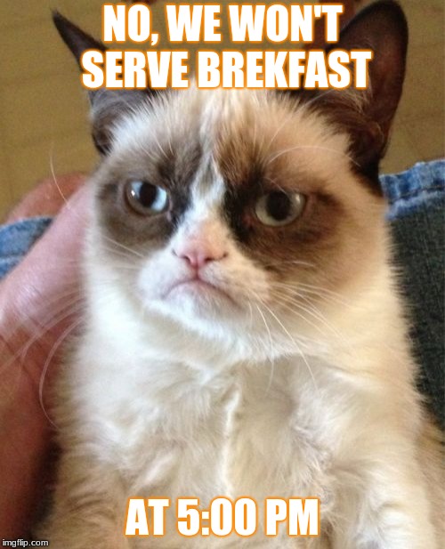 Grumpy Cat Meme | NO, WE WON'T SERVE BREKFAST; AT 5:00 PM | image tagged in memes,grumpy cat | made w/ Imgflip meme maker