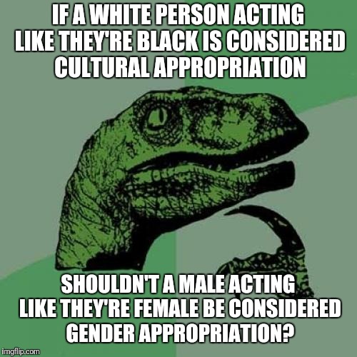 Philosoraptor Meme | IF A WHITE PERSON ACTING LIKE THEY'RE BLACK IS CONSIDERED CULTURAL APPROPRIATION; SHOULDN'T A MALE ACTING LIKE THEY'RE FEMALE BE CONSIDERED GENDER APPROPRIATION? | image tagged in memes,philosoraptor | made w/ Imgflip meme maker