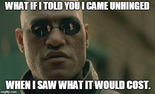 Matrix Morpheus Meme | WHAT IF I TOLD YOU I CAME UNHINGED WHEN I SAW WHAT IT WOULD COST. | image tagged in memes,matrix morpheus | made w/ Imgflip meme maker