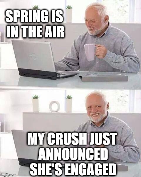 Hide the Pain Harold | SPRING IS IN THE AIR; MY CRUSH JUST ANNOUNCED SHE'S ENGAGED | image tagged in memes,hide the pain harold | made w/ Imgflip meme maker