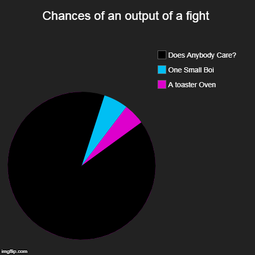 Chances of an output of a fight | A toaster Oven, One Small Boi, Does Anybody Care? | image tagged in funny,pie charts | made w/ Imgflip chart maker