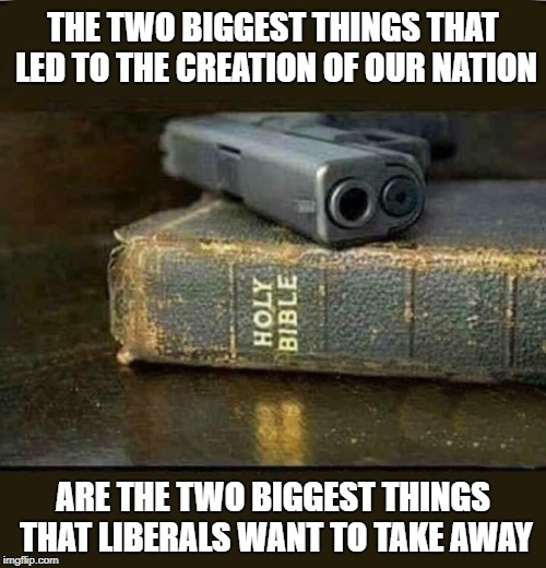 the two biggest things that led to the creation of our nation | THE TWO BIGGEST THINGS THAT LED TO THE CREATION OF OUR NATION; ARE THE TWO BIGGEST THINGS THAT LIBERALS WANT TO TAKE AWAY | image tagged in holy bible,guns | made w/ Imgflip meme maker
