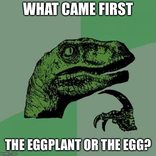 Philosoraptor Meme | WHAT CAME FIRST THE EGGPLANT OR THE EGG? | image tagged in memes,philosoraptor | made w/ Imgflip meme maker