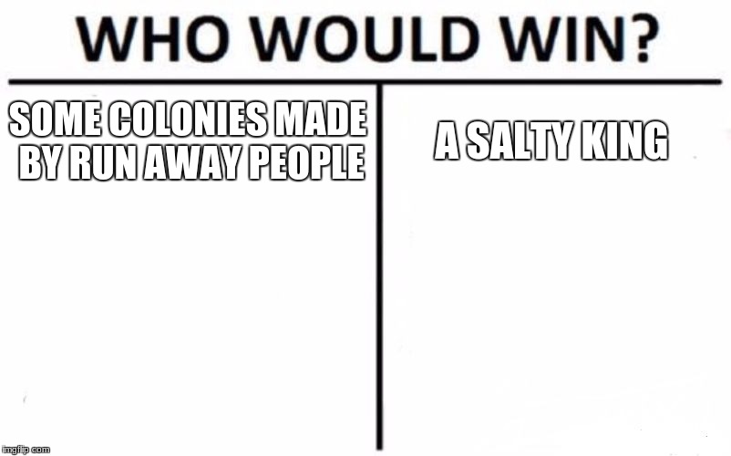 Who Would Win? Meme | SOME COLONIES MADE BY RUN AWAY PEOPLE; A SALTY KING | image tagged in memes,who would win | made w/ Imgflip meme maker