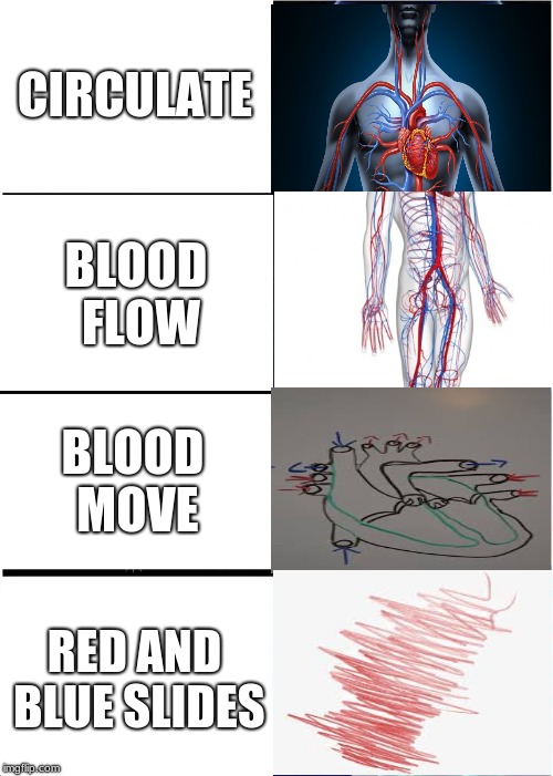 Expanding Brain | CIRCULATE; BLOOD FLOW; BLOOD MOVE; RED AND BLUE SLIDES | image tagged in memes,expanding brain | made w/ Imgflip meme maker