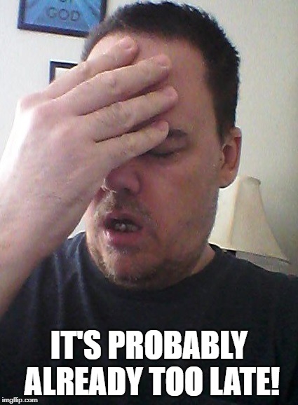 face palm | IT'S PROBABLY ALREADY TOO LATE! | image tagged in face palm | made w/ Imgflip meme maker