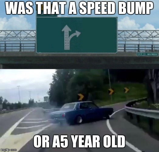 Left Exit 12 Off Ramp | WAS THAT A SPEED BUMP; OR A5 YEAR OLD | image tagged in memes,left exit 12 off ramp | made w/ Imgflip meme maker
