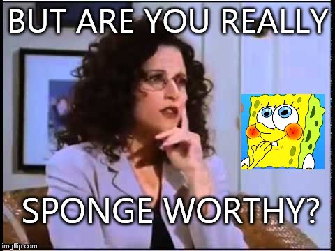 elaine sponge | BUT ARE YOU REALLY; SPONGE
WORTHY? | image tagged in elaine sponge | made w/ Imgflip meme maker