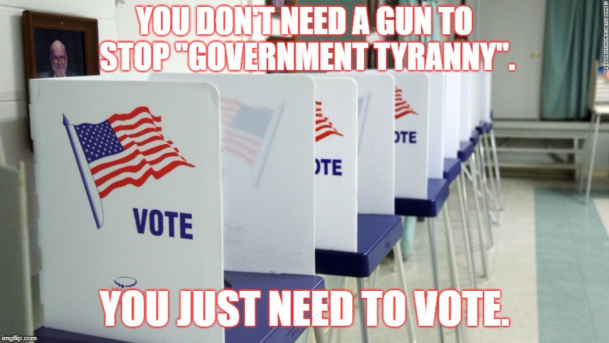 voting booth 2 | YOU DON'T NEED A GUN TO STOP "GOVERNMENT TYRANNY". YOU JUST NEED TO VOTE. | image tagged in voting booth 2 | made w/ Imgflip meme maker
