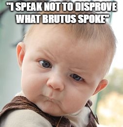 Skeptical Baby Meme | "I SPEAK NOT TO DISPROVE WHAT BRUTUS SPOKE" | image tagged in memes,skeptical baby | made w/ Imgflip meme maker