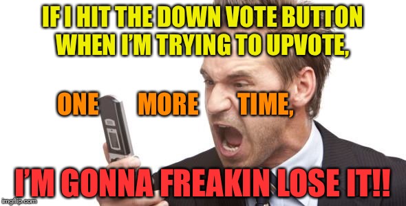 I’m gonna freakin’ lose it... | IF I HIT THE DOWN VOTE BUTTON WHEN I’M TRYING TO UPVOTE, ONE        MORE        TIME, I’M GONNA FREAKIN LOSE IT!! | image tagged in angry text,upvote,downvote,freak out,funny memes | made w/ Imgflip meme maker