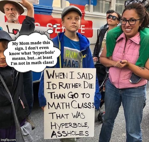 Hyper-Bullies | My Mom made this sign. I don't even know what 'hyperbole' means, but...at least I'm not in math class! | image tagged in let the kids figure it out,i bring the funny,adults make adult decisions,kids aren't pawns,jefthehobo | made w/ Imgflip meme maker