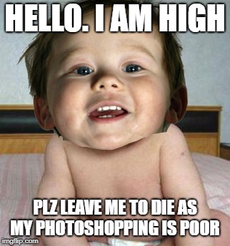 HELLO. I AM HIGH; PLZ LEAVE ME TO DIE AS MY PHOTOSHOPPING IS POOR | image tagged in high baby | made w/ Imgflip meme maker