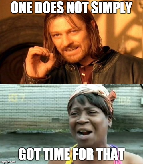 Who has time for THAT! | ONE DOES NOT SIMPLY; GOT TIME FOR THAT | image tagged in one does not simply,aint nobody got time for that,funny,memes,funny memes | made w/ Imgflip meme maker