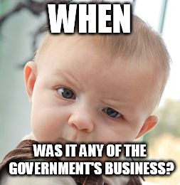 Skeptical Baby Meme | WHEN WAS IT ANY OF THE GOVERNMENT'S BUSINESS? | image tagged in memes,skeptical baby | made w/ Imgflip meme maker