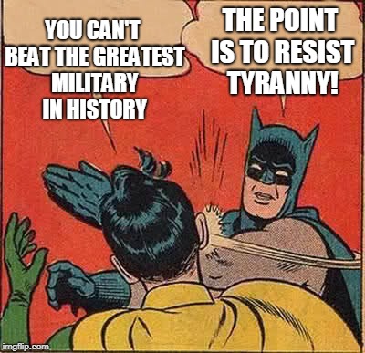 Batman Slapping Robin Meme | YOU CAN'T BEAT THE GREATEST MILITARY IN HISTORY THE POINT IS TO RESIST TYRANNY! | image tagged in memes,batman slapping robin | made w/ Imgflip meme maker