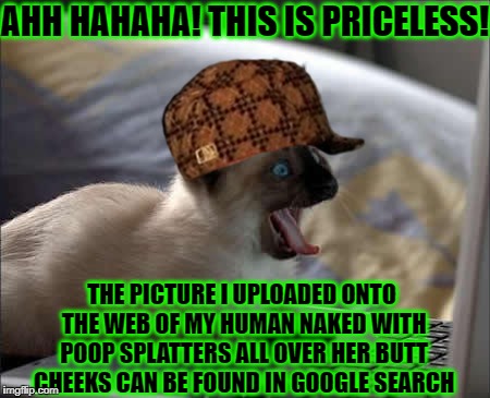 AHH HAHAHA! THIS IS PRICELESS! THE PICTURE I UPLOADED ONTO THE WEB OF MY HUMAN NAKED WITH POOP SPLATTERS ALL OVER HER BUTT CHEEKS CAN BE FOUND IN GOOGLE SEARCH | image tagged in dirty little prick,scumbag | made w/ Imgflip meme maker