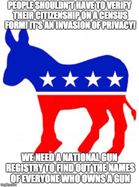 Democrat donkey |  PEOPLE SHOULDN'T HAVE TO VERIFY THEIR CITIZENSHIP ON A CENSUS FORM! IT'S AN INVASION OF PRIVACY! WE NEED A NATIONAL GUN REGISTRY TO FIND OUT THE NAMES OF EVERYONE WHO OWNS A GUN | image tagged in democrat donkey | made w/ Imgflip meme maker