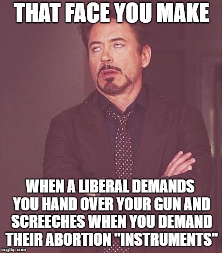 Face You Make Robert Downey Jr | THAT FACE YOU MAKE; WHEN A LIBERAL DEMANDS YOU HAND OVER YOUR GUN AND SCREECHES WHEN YOU DEMAND THEIR ABORTION "INSTRUMENTS" | image tagged in memes,face you make robert downey jr,liberal,guns,abortion | made w/ Imgflip meme maker