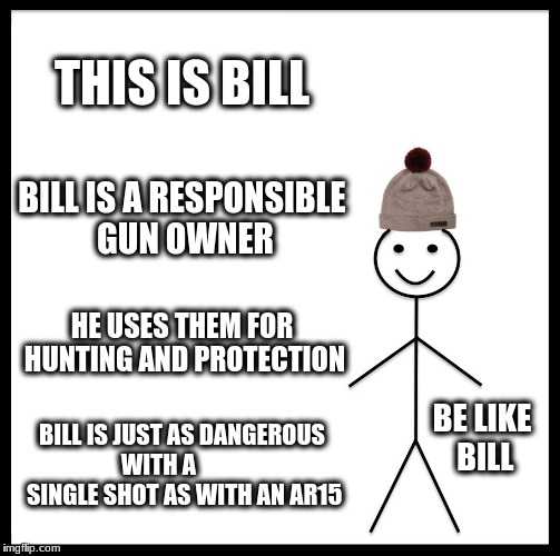 Be Like Bill Meme | THIS IS BILL BILL IS A RESPONSIBLE GUN OWNER HE USES THEM FOR HUNTING AND PROTECTION BILL IS JUST AS DANGEROUS WITH A          
 SINGLE SHOT | image tagged in memes,be like bill | made w/ Imgflip meme maker
