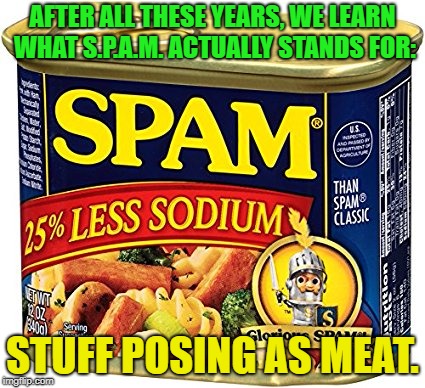 S.P.A.M. Stands for: | AFTER ALL THESE YEARS, WE LEARN WHAT S.P.A.M. ACTUALLY STANDS FOR:; STUFF POSING AS MEAT. | image tagged in new memes,spam,i hope this ones funny,yeet | made w/ Imgflip meme maker