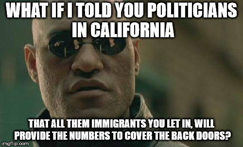 Matrix Morpheus Meme | WHAT IF I TOLD YOU POLITICIANS IN CALIFORNIA; THAT ALL THEM IMMIGRANTS YOU LET IN, WILL PROVIDE THE NUMBERS TO COVER THE BACK DOORS? | image tagged in memes,matrix morpheus | made w/ Imgflip meme maker