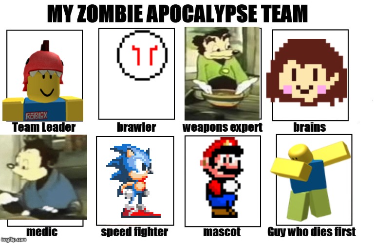 Your zombie apocalypse team! | image tagged in your zombie apocalypse team | made w/ Imgflip meme maker