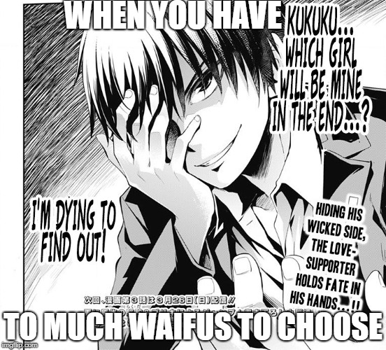We all have this problem  | WHEN YOU HAVE; TO MUCH WAIFUS TO CHOOSE | image tagged in anime,anime meme,manga,memes,funny memes,waifu | made w/ Imgflip meme maker