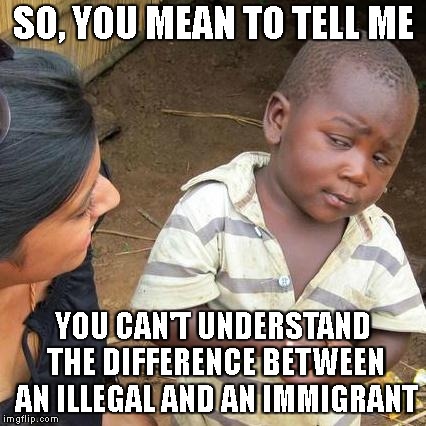 Third World Skeptical Kid Meme | SO, YOU MEAN TO TELL ME YOU CAN'T UNDERSTAND THE DIFFERENCE BETWEEN AN ILLEGAL AND AN IMMIGRANT | image tagged in memes,third world skeptical kid | made w/ Imgflip meme maker