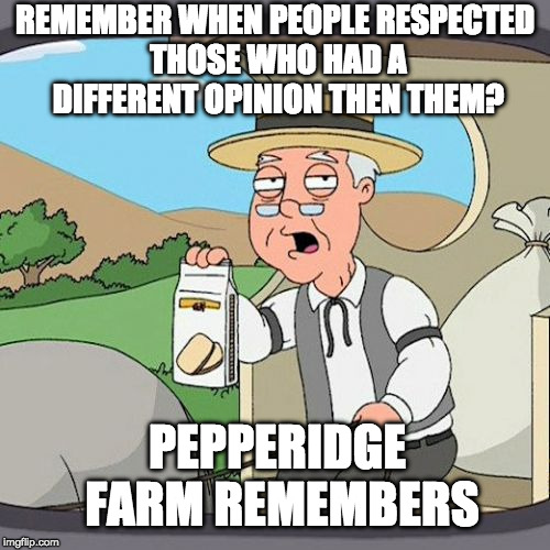 Remember respect? | REMEMBER WHEN PEOPLE RESPECTED THOSE WHO HAD A DIFFERENT OPINION THEN THEM? PEPPERIDGE FARM REMEMBERS | image tagged in memes,pepperidge farm remembers,left wing,right wing,respect,pepperidge farm | made w/ Imgflip meme maker