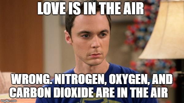 Sheldon Logic | LOVE IS IN THE AIR; WRONG.
NITROGEN, OXYGEN, AND CARBON DIOXIDE ARE IN THE AIR | image tagged in sheldon logic | made w/ Imgflip meme maker