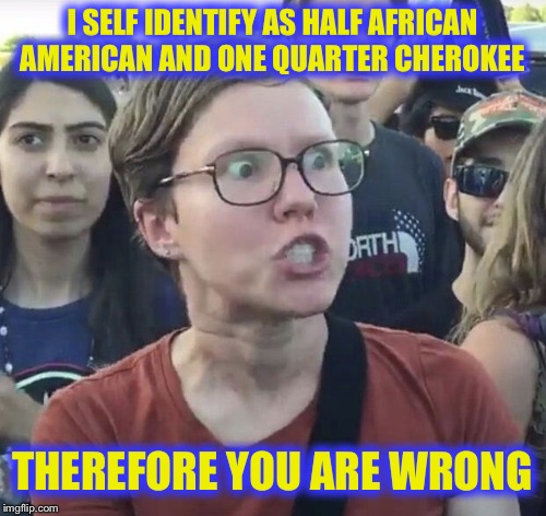 Triggered feminist | I SELF IDENTIFY AS HALF AFRICAN AMERICAN AND ONE QUARTER CHEROKEE; THEREFORE YOU ARE WRONG | image tagged in triggered feminist | made w/ Imgflip meme maker