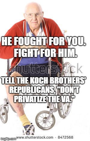 Disabled Vet | HE FOUGHT FOR YOU.  FIGHT FOR HIM. TELL THE KOCH BROTHERS' REPUBLICANS, "DON'T PRIVATIZE THE VA." | image tagged in political meme | made w/ Imgflip meme maker