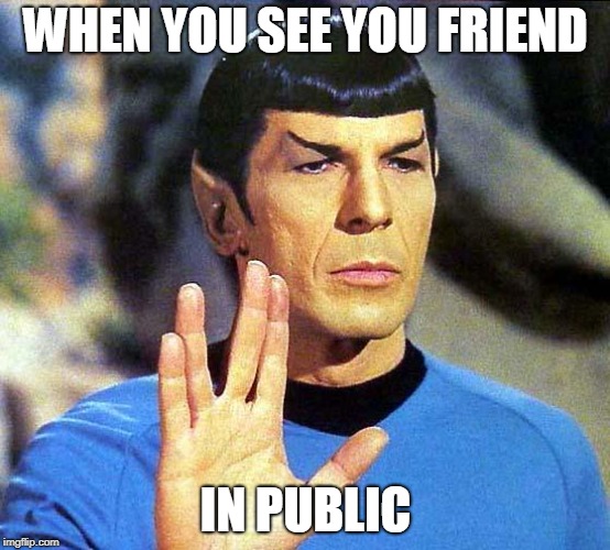 Spock | WHEN YOU SEE YOU FRIEND; IN PUBLIC | image tagged in spock | made w/ Imgflip meme maker