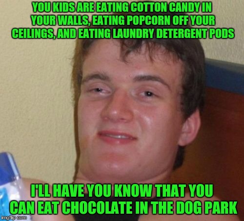 10 Guy | YOU KIDS ARE EATING COTTON CANDY IN YOUR WALLS, EATING POPCORN OFF YOUR CEILINGS, AND EATING LAUNDRY DETERGENT PODS; I'LL HAVE YOU KNOW THAT YOU CAN EAT CHOCOLATE IN THE DOG PARK | image tagged in memes,10 guy,tide pods,cotton candy,popcorn,so true memes | made w/ Imgflip meme maker