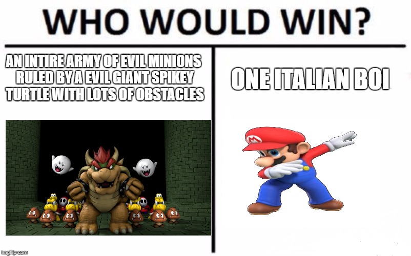 Who Would Win? Meme | AN INTIRE ARMY OF EVIL MINIONS RULED BY A EVIL GIANT SPIKEY TURTLE WITH LOTS OF OBSTACLES; ONE ITALIAN BOI | image tagged in memes,who would win | made w/ Imgflip meme maker