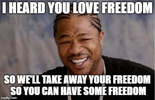 give up your Freedom, and we'll give you some Freedom. | I HEARD YOU LOVE FREEDOM; SO WE'LL TAKE AWAY YOUR FREEDOM SO YOU CAN HAVE SOME FREEDOM | image tagged in memes,yo dawg heard you,funny,memeception,guns | made w/ Imgflip meme maker