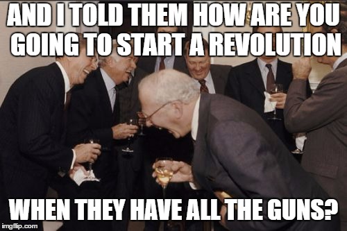 Laughing Men In Suits | AND I TOLD THEM HOW ARE YOU GOING TO START A REVOLUTION; WHEN THEY HAVE ALL THE GUNS? | image tagged in memes,laughing men in suits | made w/ Imgflip meme maker