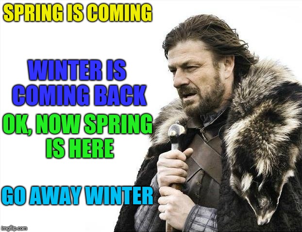 Brace Yourselves X is Coming Meme | SPRING IS COMING; WINTER IS COMING BACK; OK, NOW SPRING IS HERE; GO AWAY WINTER | image tagged in memes,brace yourselves x is coming | made w/ Imgflip meme maker