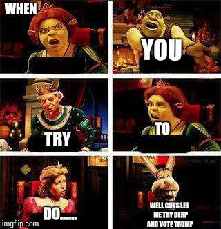 Shrek | WHEN; YOU; TO; TRY; WELL GUYS LET  ME TRY DERP AND VOTE TRUMP; DO...... | image tagged in shrek,trump,derp,donkey from shrek | made w/ Imgflip meme maker