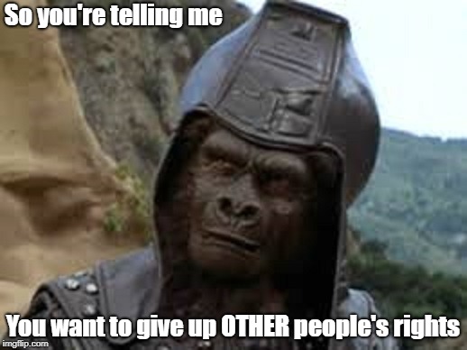 Future World Skeptical Ape | So you're telling me; You want to give up OTHER people's rights | image tagged in memes | made w/ Imgflip meme maker