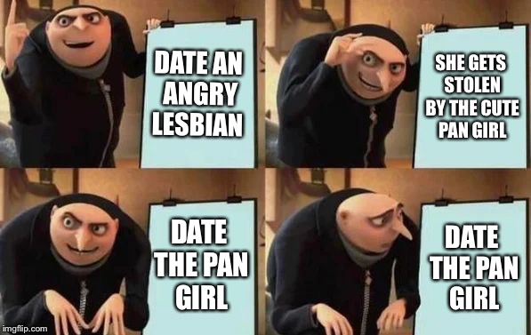 Gru's Plan Meme | DATE AN ANGRY LESBIAN; SHE GETS STOLEN BY THE CUTE PAN GIRL; DATE THE PAN GIRL; DATE THE PAN GIRL | image tagged in gru's plan | made w/ Imgflip meme maker