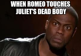 Kevin Hart Meme | WHEN ROMEO TOUCHES JULIET'S DEAD BODY | image tagged in memes,kevin hart the hell | made w/ Imgflip meme maker
