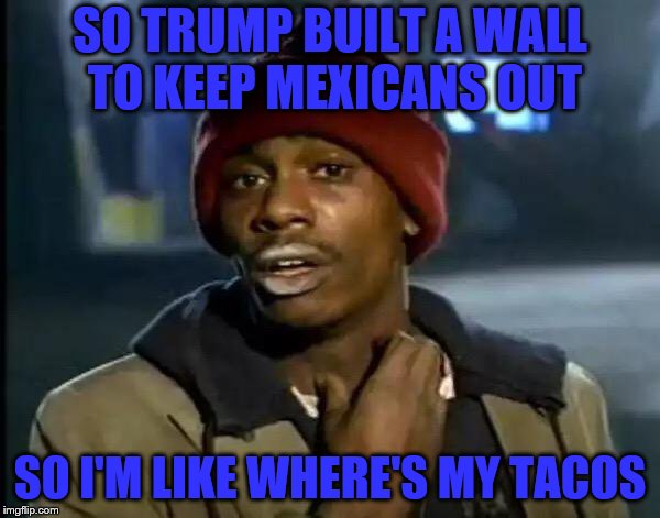 Y'all Got Any More Of That | SO TRUMP BUILT A WALL TO KEEP MEXICANS OUT; SO I'M LIKE WHERE'S MY TACOS | image tagged in memes,y'all got any more of that | made w/ Imgflip meme maker