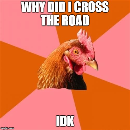 Anti Joke Chicken Meme | WHY DID I CROSS THE ROAD; IDK | image tagged in memes,anti joke chicken | made w/ Imgflip meme maker